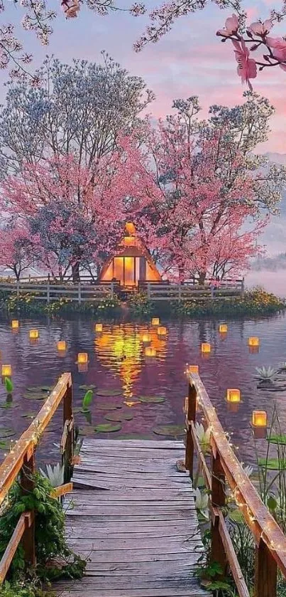 Serene island with pink blossoms and cozy cabin at sunset.