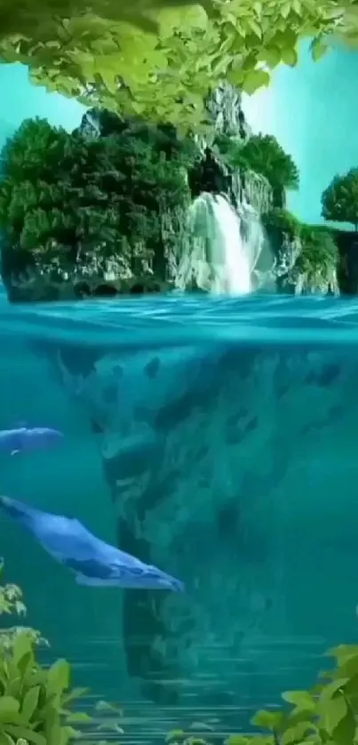 Fantasy island with waterfall and dolphins in teal waters.