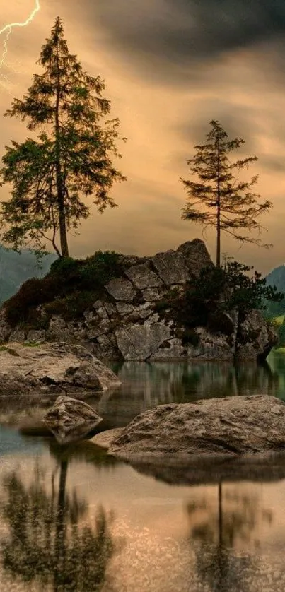 Island with trees and lightning in a serene lake landscape scene.