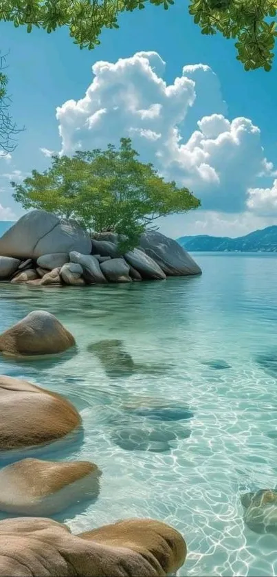 Serene island scene with clear waters and sky.