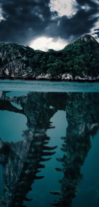 Serene island and sky reflection in calm water.