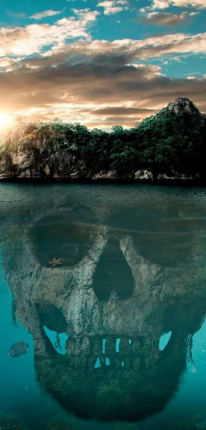 Island with a skull reflection in the ocean at sunset.