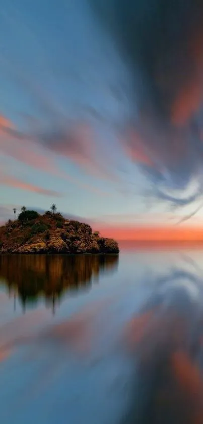 Serene island with sunset sky reflection on tranquil waters.