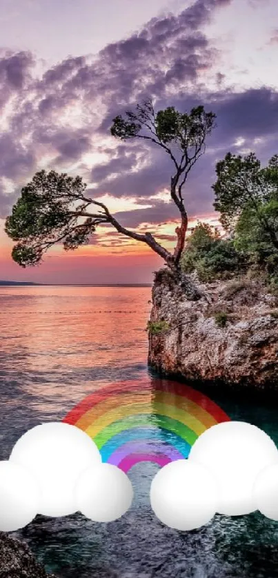 Peaceful island sunset with rainbow and clouds.