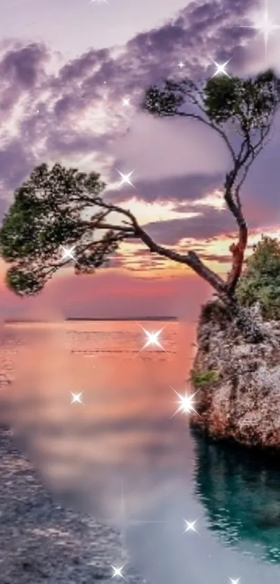 A serene island at sunset with vibrant sky and calm ocean.