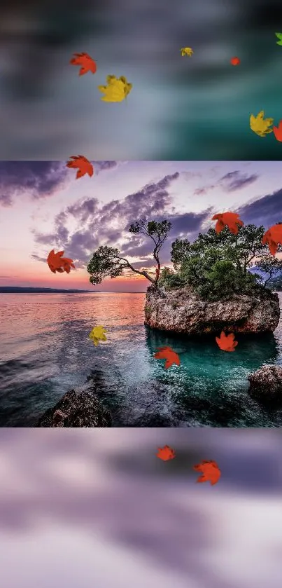 A serene island sunset with vibrant autumn leaves and a stunning sky reflection.