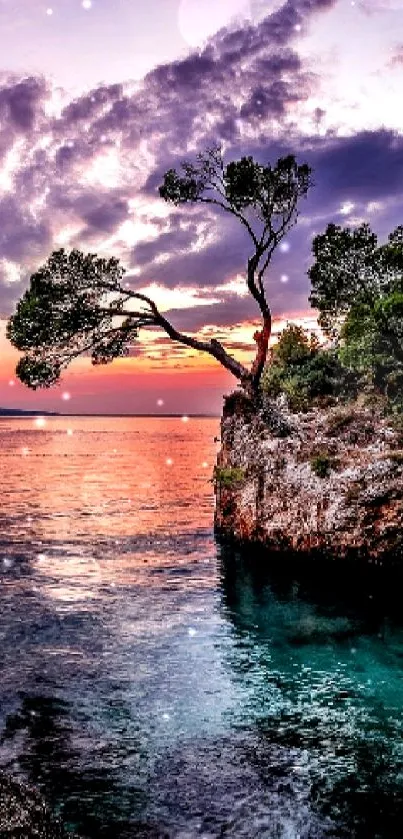 Majestic island at sunset with vibrant skies and serene waters.