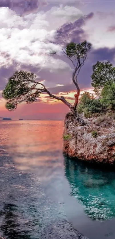 Serene island at sunset with colorful sky and ocean view.