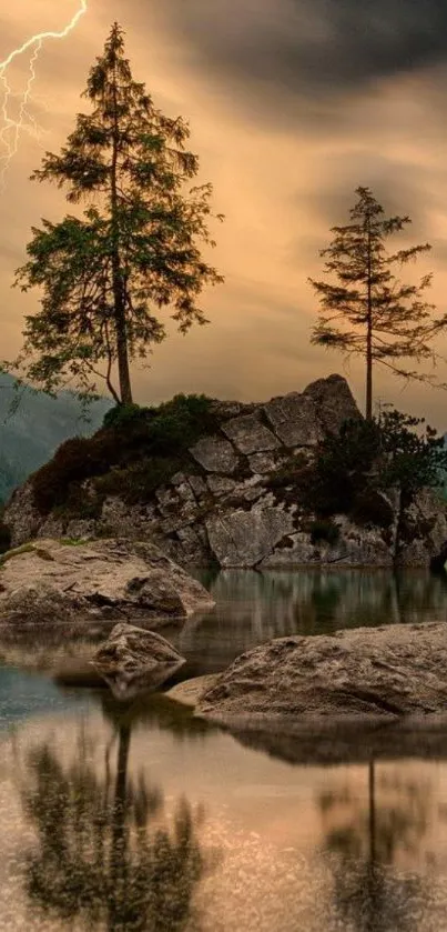 Serene island landscape with lightning and calm water reflections.