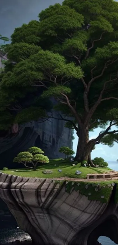 Serene island landscape with a large tree and cliffside.