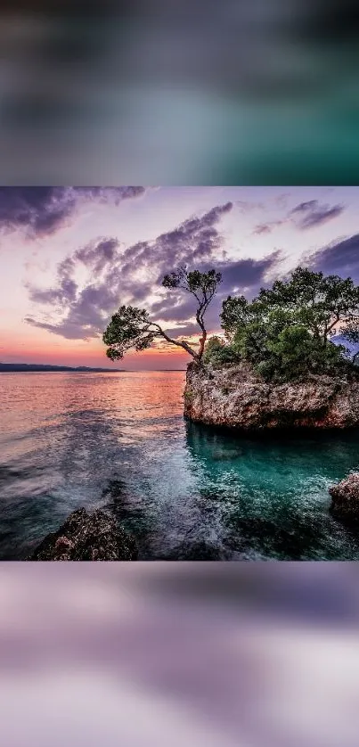 Serene island at twilight with colorful sky and calm ocean.