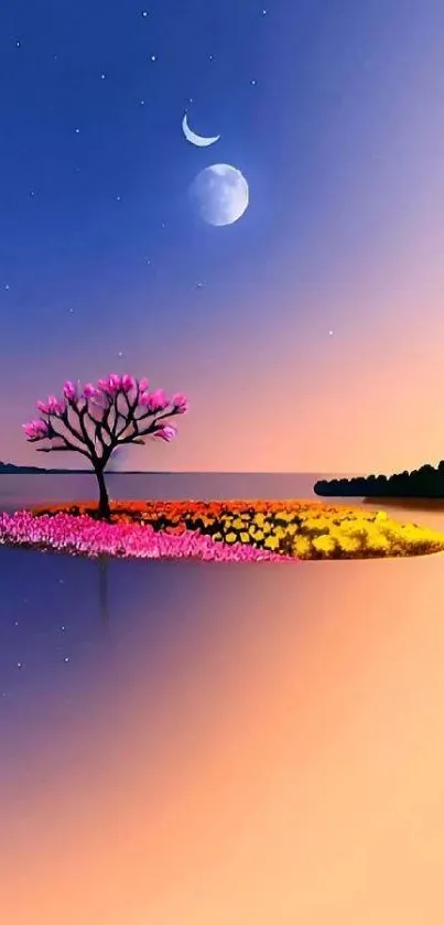 Artistic island with moonlit sky and tree.