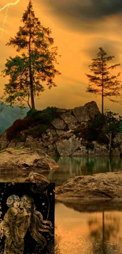 Serene island landscape with lightning sky and calm water reflection.