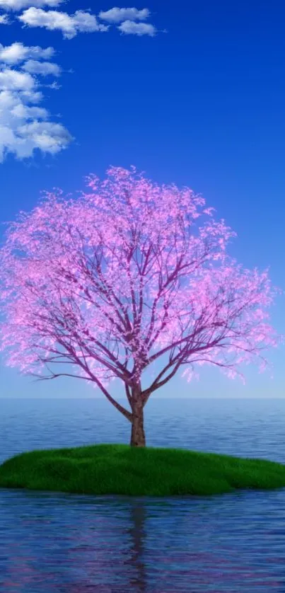 Serene island with a pink tree under a clear blue sky, perfect for a calming mobile wallpaper.