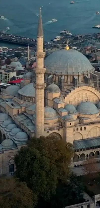 Historic mosque with Bosphorus background.