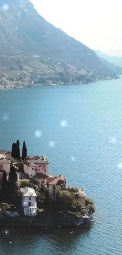 Scenic Italian lake with hillside village and tranquil waters.