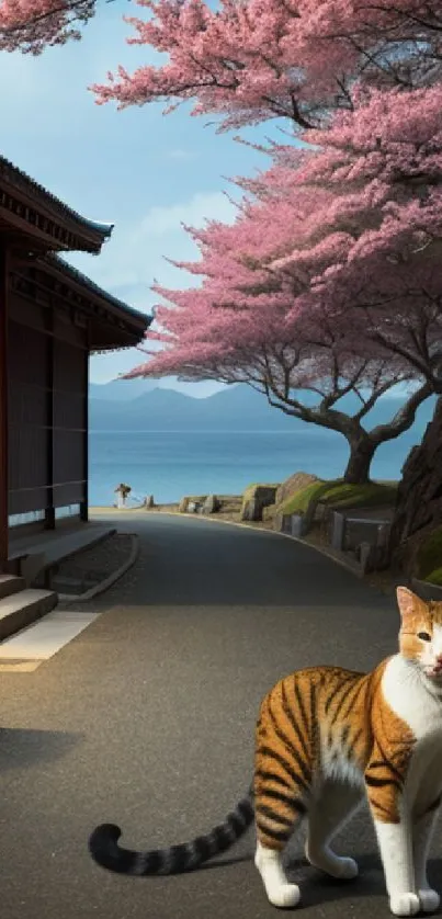 Japanese garden wallpaper with cat, blossoms, and traditional house.