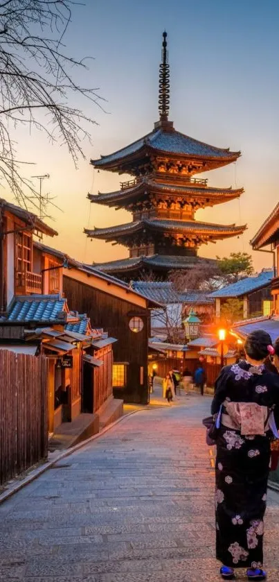 Evening view of traditional Japanese street and pagoda.