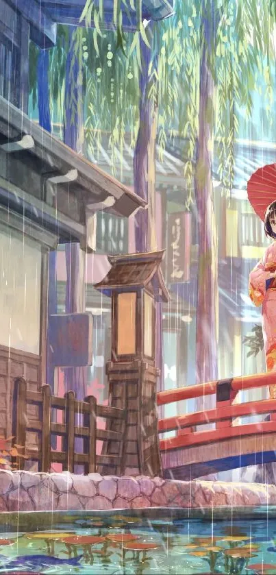 Serene Japanese garden with parasol and playful figure.