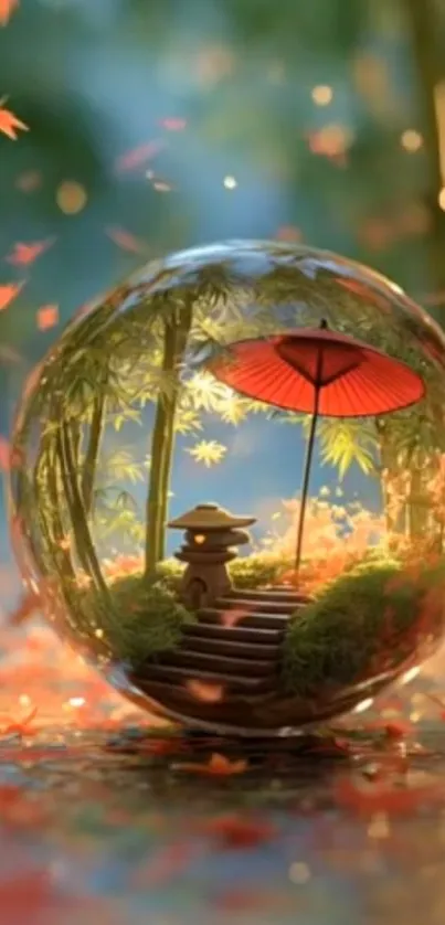 Serene Japanese garden in a glass globe.