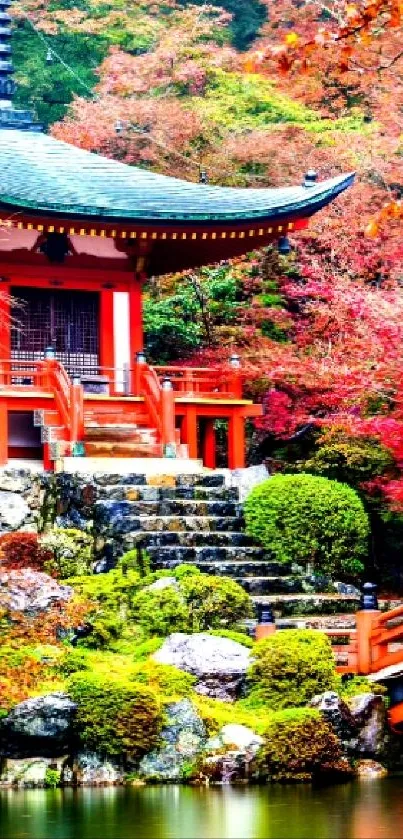 Japanese garden with red bridge and vibrant autumn colors.