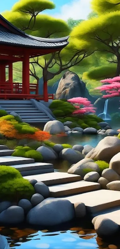 Serene Japanese garden with vibrant flora and tranquil setting.
