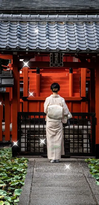 Japanese garden with a red shrine and person in traditional attire.