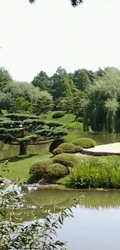 Serene Japanese garden with green trees and pond.