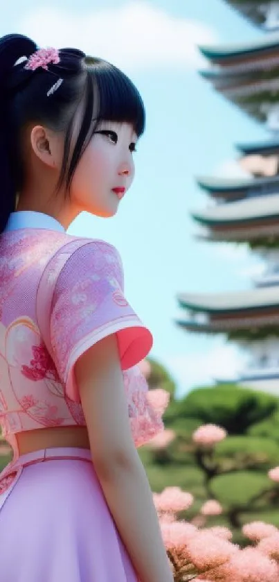 A girl in pink kimono overlooking a Japanese garden with a pagoda.