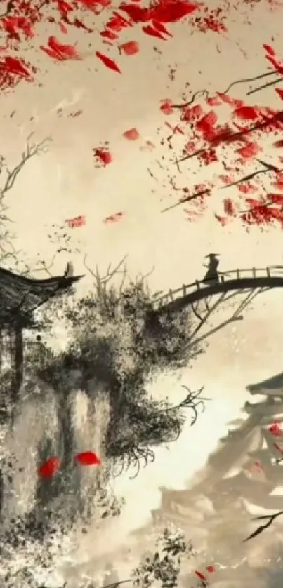 Japanese ink art with red leaves and bridge.