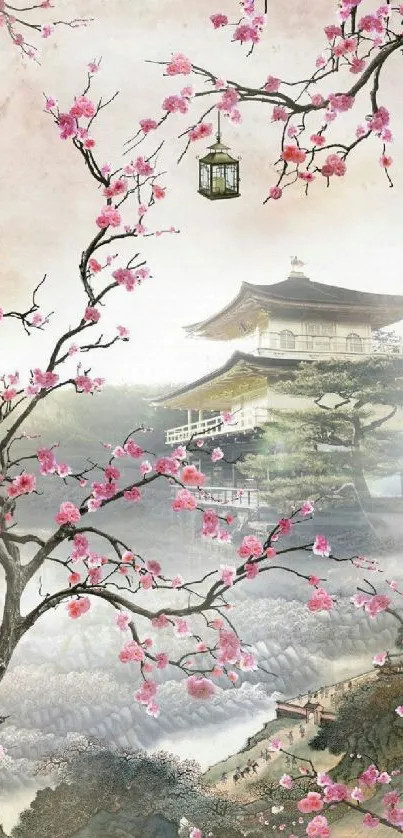 Serene Japanese landscape wallpaper with cherry blossoms and traditional architecture.