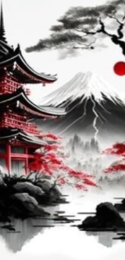 Japanese landscape with pagoda and Mount Fuji in grayscale and red accents.