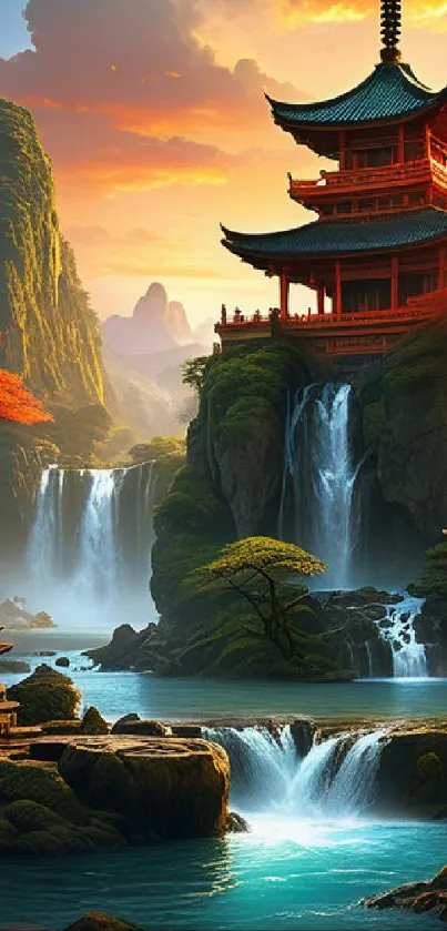 Serene Japanese landscape with pagoda and waterfall in vivid colors.