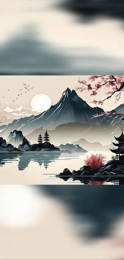 Serene Japanese landscape with mountain and cherry blossoms.