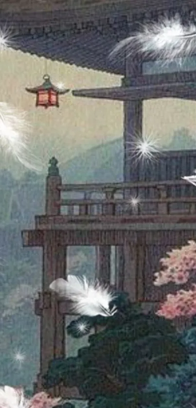 Japanese pagoda with feathers and serene nature scene.