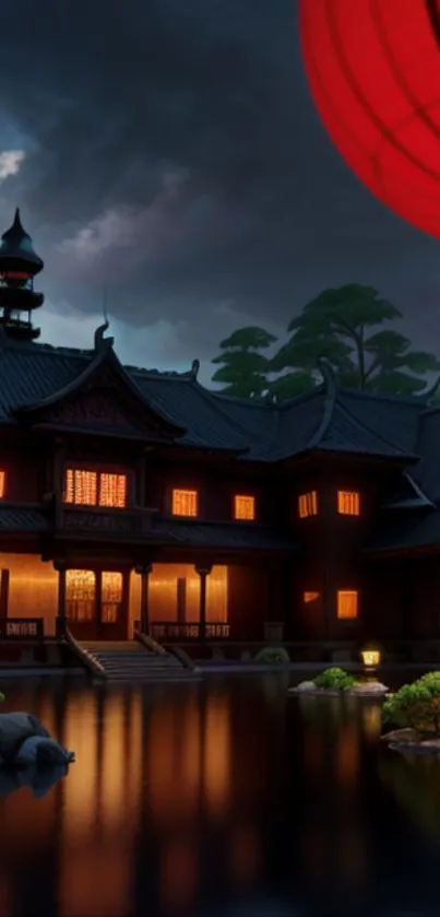 Serene Japanese temple reflecting in water at night.