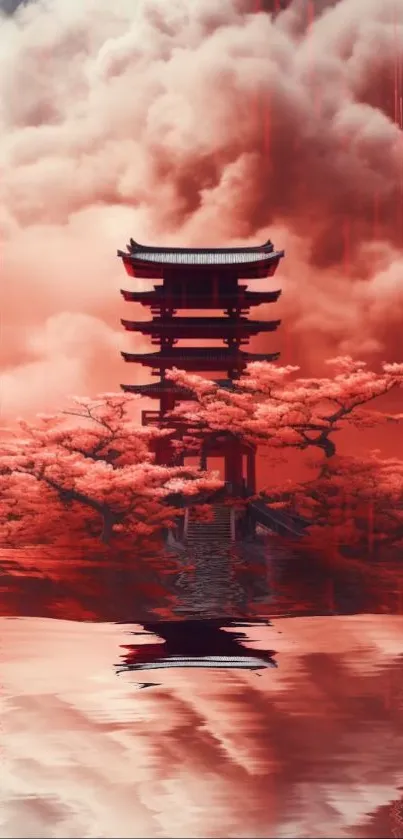 Japanese pagoda with red cherry blossoms reflected in water.