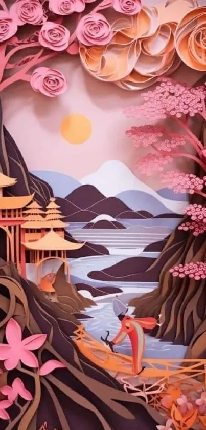 Intricate paper art with Japanese temple, pink blossoms, and serene river.