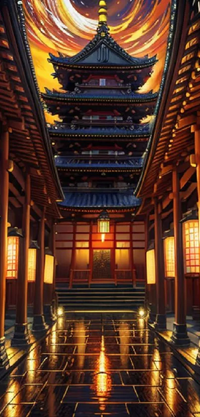 Japanese temple art with warm colors reflecting on a polished floor.