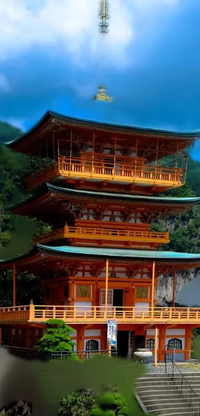 Japanese temple surrounded by greenery with a clear sky backdrop.