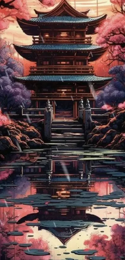 Japanese temple with cherry blossoms and reflection.