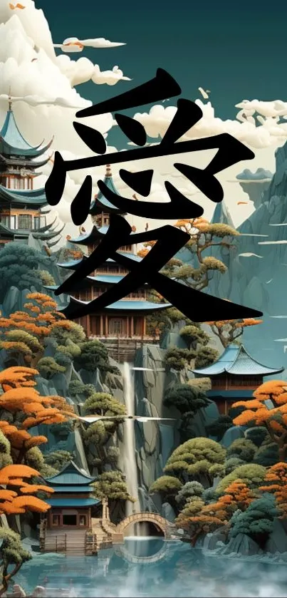 Japanese temple with mountains and vibrant foliage wallpaper.