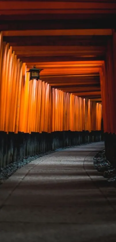 A serene pathway through vibrant orange torii gates, creating a peaceful ambiance.