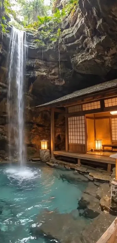 Japanese retreat with waterfall and pool.