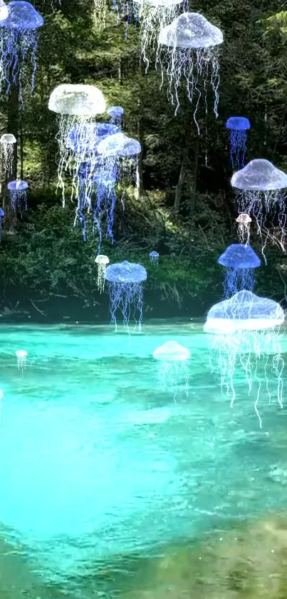 Ethereal jellyfish float in a turquoise forest pond.