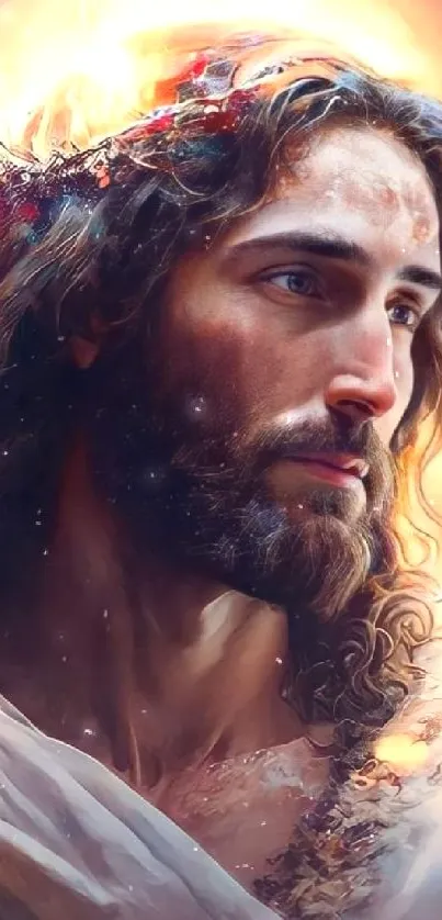 Artistic portrait of Jesus with a glowing halo, serene and spiritual.