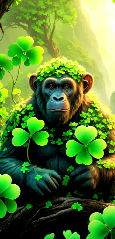 Chimpanzee in lush green jungle with clover leaves.