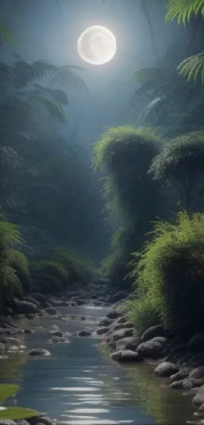 Peaceful jungle path under full moonlight with lush green surroundings.