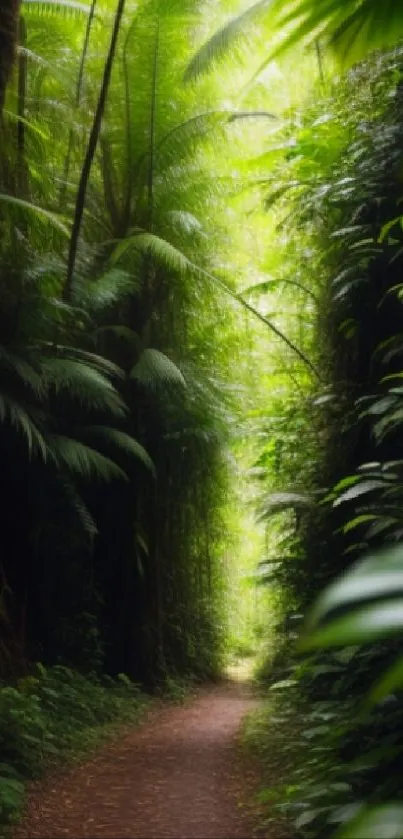 Serene jungle path wallpaper with lush green foliage.