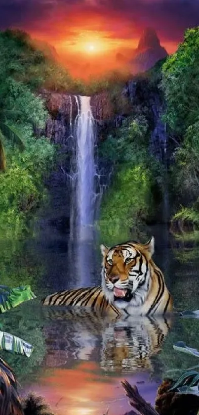 Tiger in a serene jungle with waterfall and sunset.